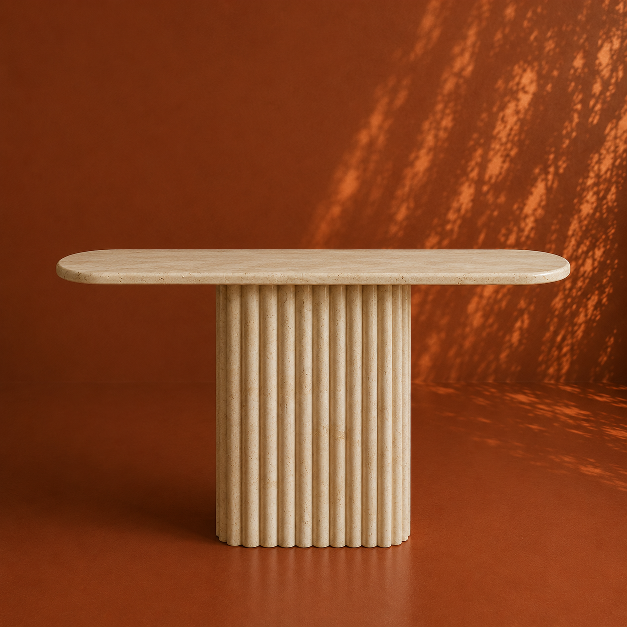 LIVA Travertin Consoletafel – Geribbeld Onderstel & Ovaal Design