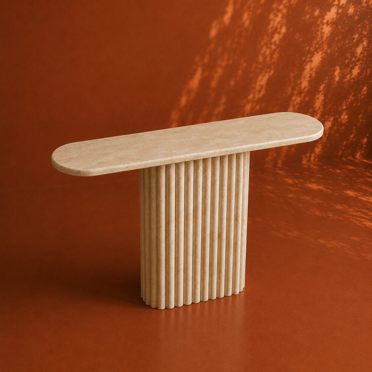 LIVA Travertin Consoletafel – Geribbeld Onderstel & Ovaal Design