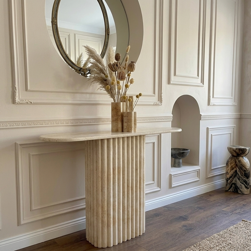 LIVA Travertin Consoletafel – Geribbeld Onderstel & Ovaal Design