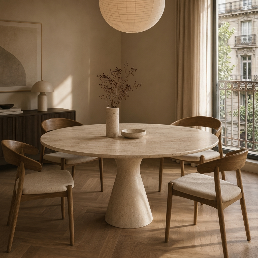 Solaro Ronde Travertin Eettafel - Aflopende poot