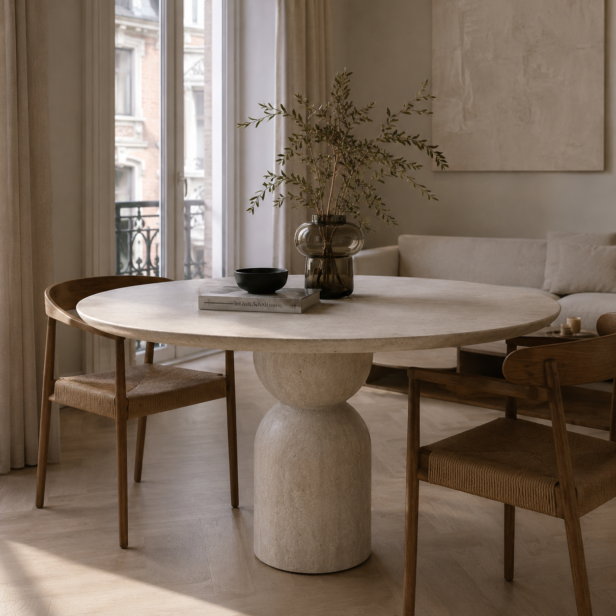 Solaro Ronde Travertin Eettafel - Zandloper poot